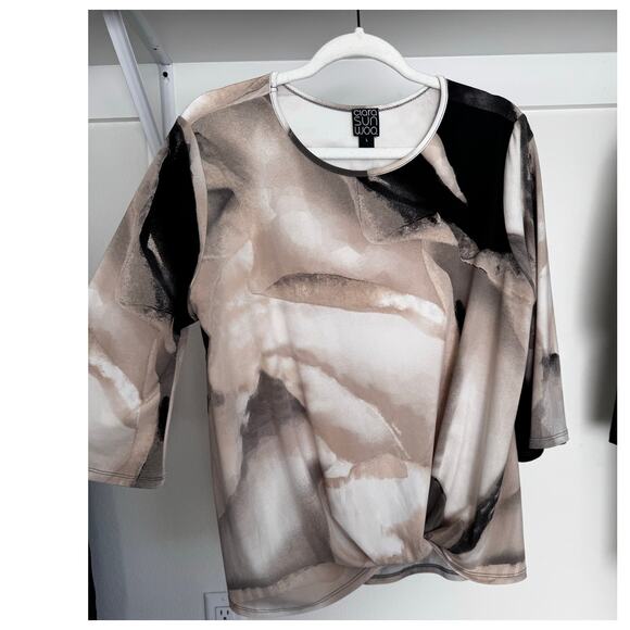 Clara Sun Woo Tops - Clara Sun Woo Women's Abstract Blouse Slinky Tie Front Size Large Brown Black